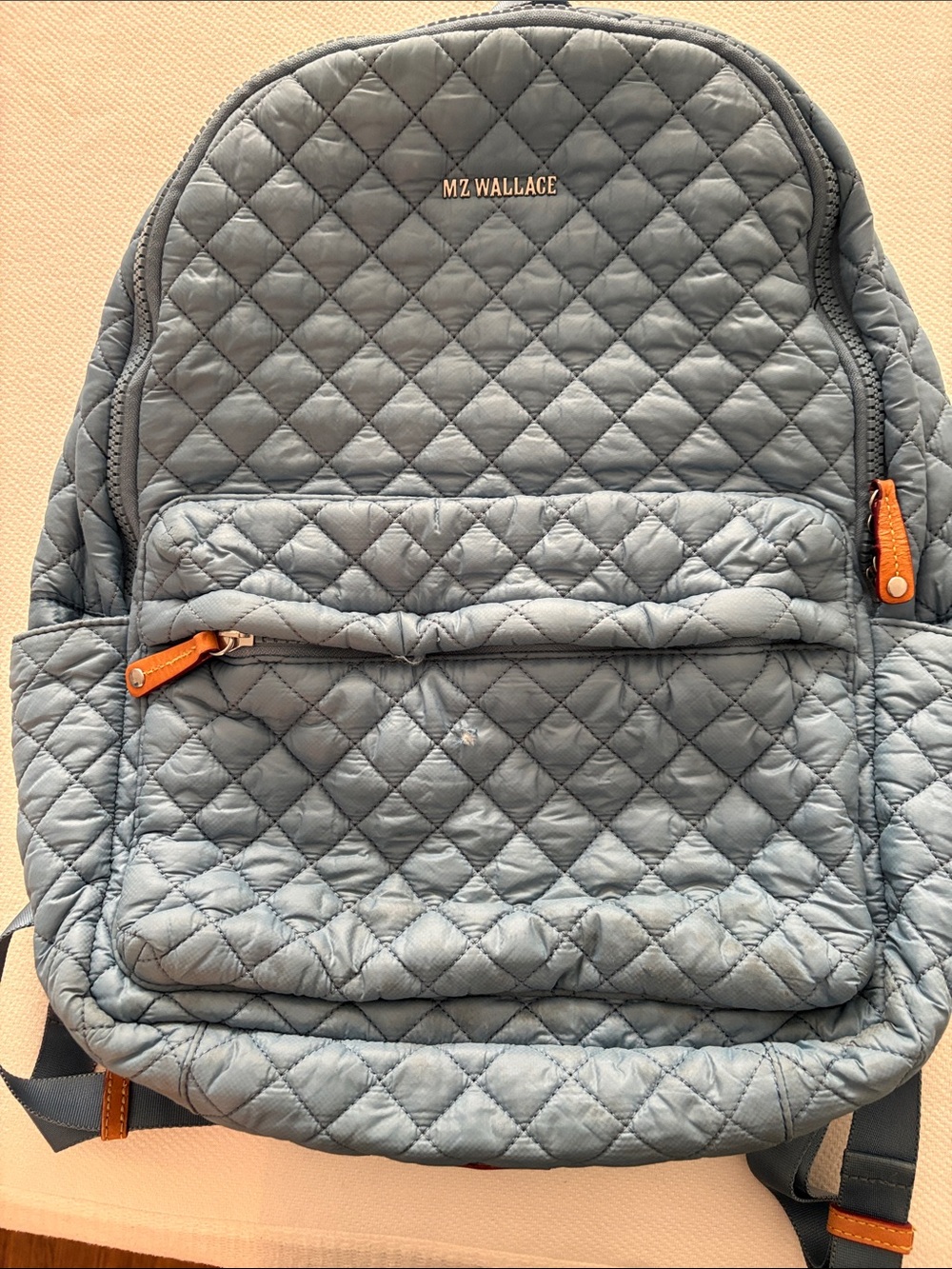 MZ Wallace Quilted Dusty Blue Backpack with Tan Zipper Pulls